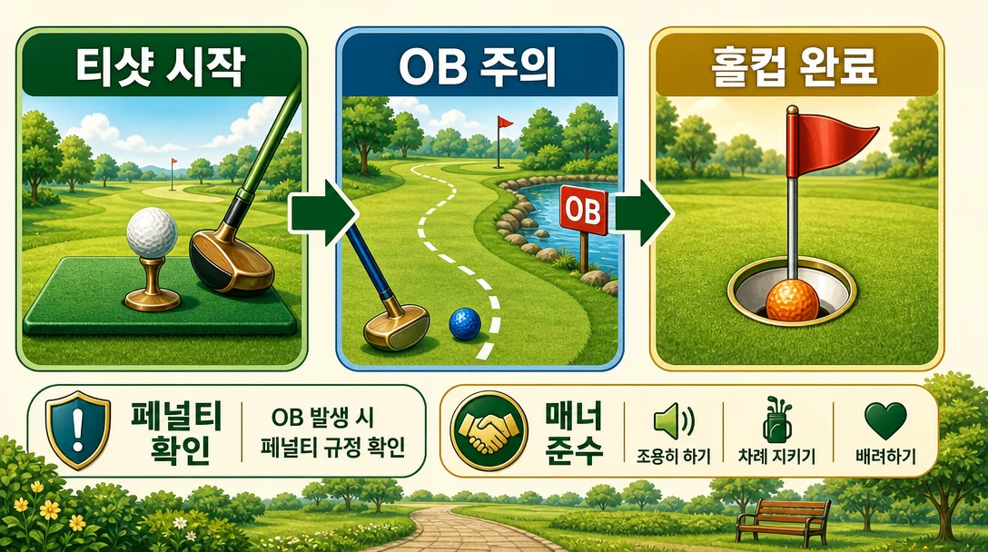 파크골프 입문 기본 규칙 — 홀 진행 순서와 페널티 규칙 안내 인포그래픽