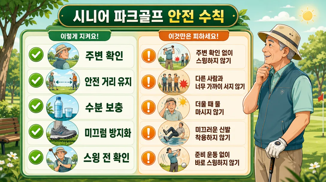 파크골프 입문 안전 수칙 — 시니어를 위한 야외 활동 안전 주의사항 인포그래픽