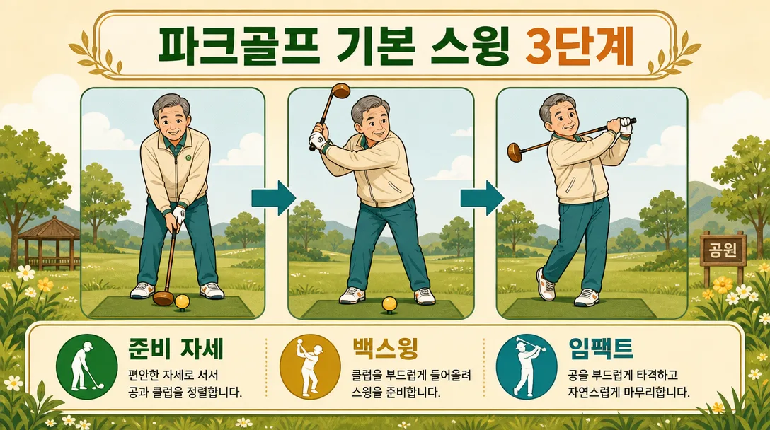 파크골프 입문 기본 스윙 3단계를 보여주는 인포그래픽 일러스트