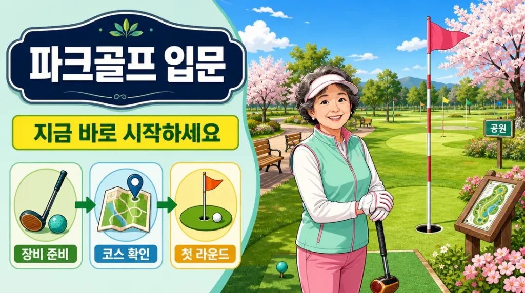 파크골프 입문을 위한 시니어 여성이 파크골프장에서 클럽을 들고 있는 일러스트