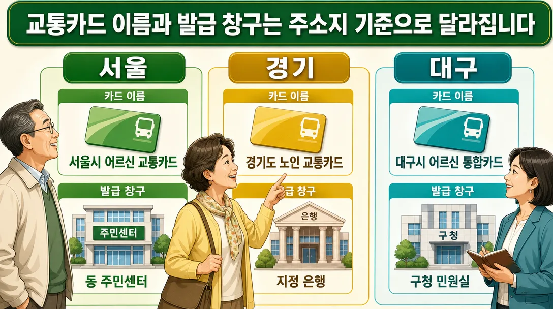 경로 우대 교통카드 지역별 이름과 발급 창구를 비교한 인포그래픽