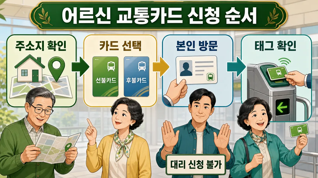 경로 우대 교통카드 신청 순서를 네 단계로 보여 주는 인포그래픽