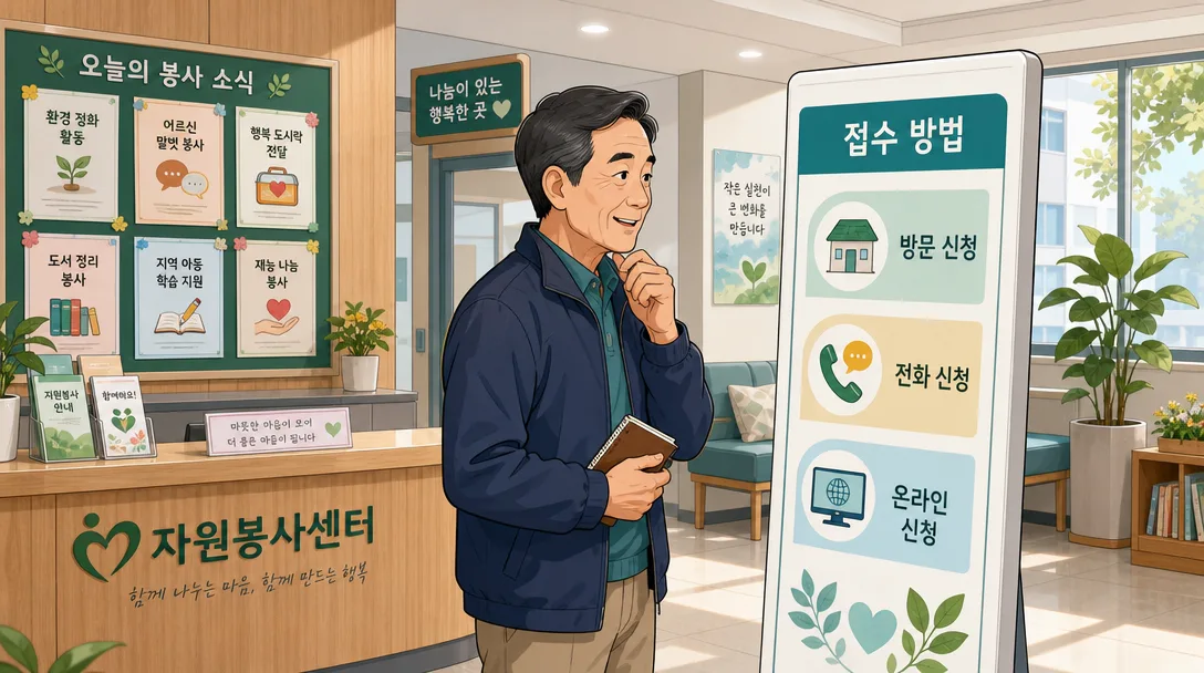 시니어 자원봉사 접수 방법 안내판을 살펴보는 자원봉사센터 로비 일러스트