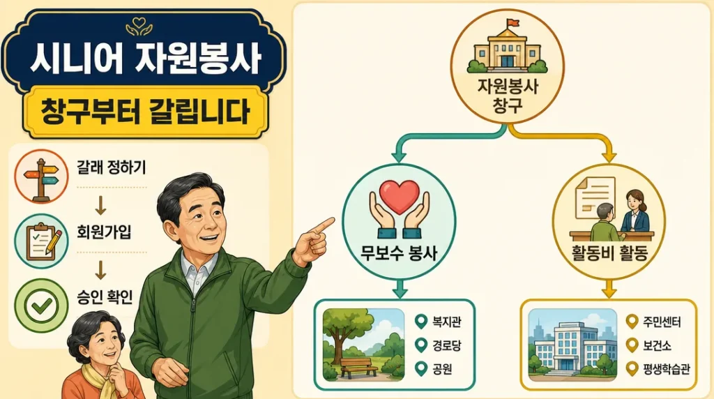 시니어 자원봉사 두 갈래 신청 경로를 보여 주는 안내 인포그래픽